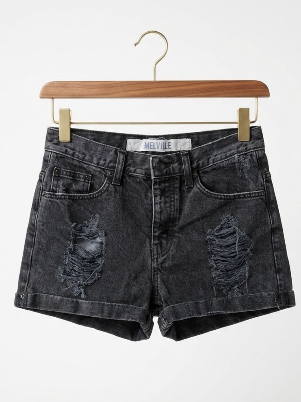 MELVILLE Vintage Distressed Black Denim Shorts 40 S Grunge Y2K Thrashed